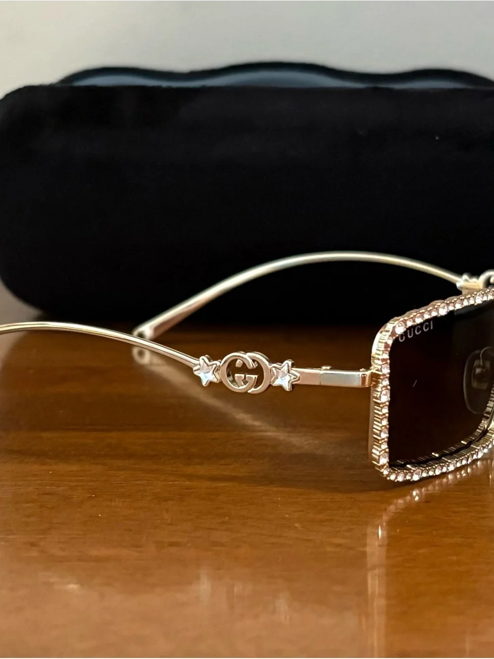 Gucci GG1568S Gold Rimless Embellished Square Sunglasses Gray Tinted UV400. 52mm